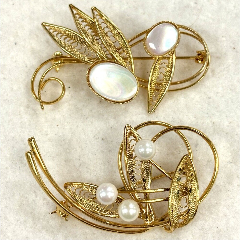 Vintage Gold Tone Filigree Brooch Lot of 2 Opalescent Faux Pearl MCM Floral Pins